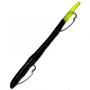weedless worm lures. two hooks molded into a 6" worm. black and chartreuse.