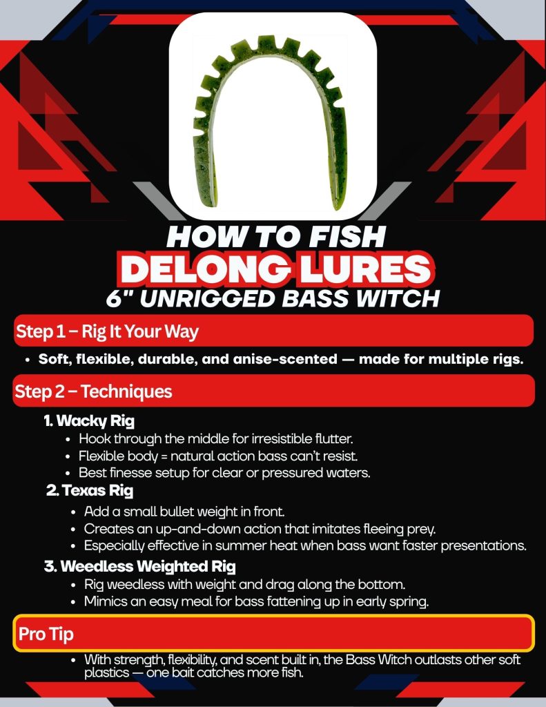 DeLong Lures 6″ Unrigged Bass Witch soft plastic bait for wacky rigs, Texas rigs, and weedless weighted setups