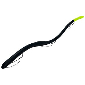 big bass baits. pre rigged weedless fishing lure with 3 hooks. black and chartreuse