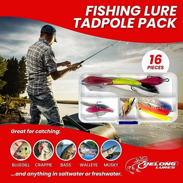 fisherman casting with a tadpole fishing lure on lake. 15 pre rigged lures in a small tackle box