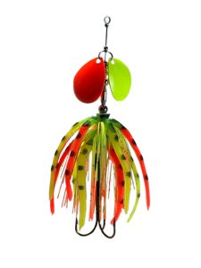 DeLong Lures Bass Bucktail in Fire Tiger – bright multi-color inline spinner with hammered blades.