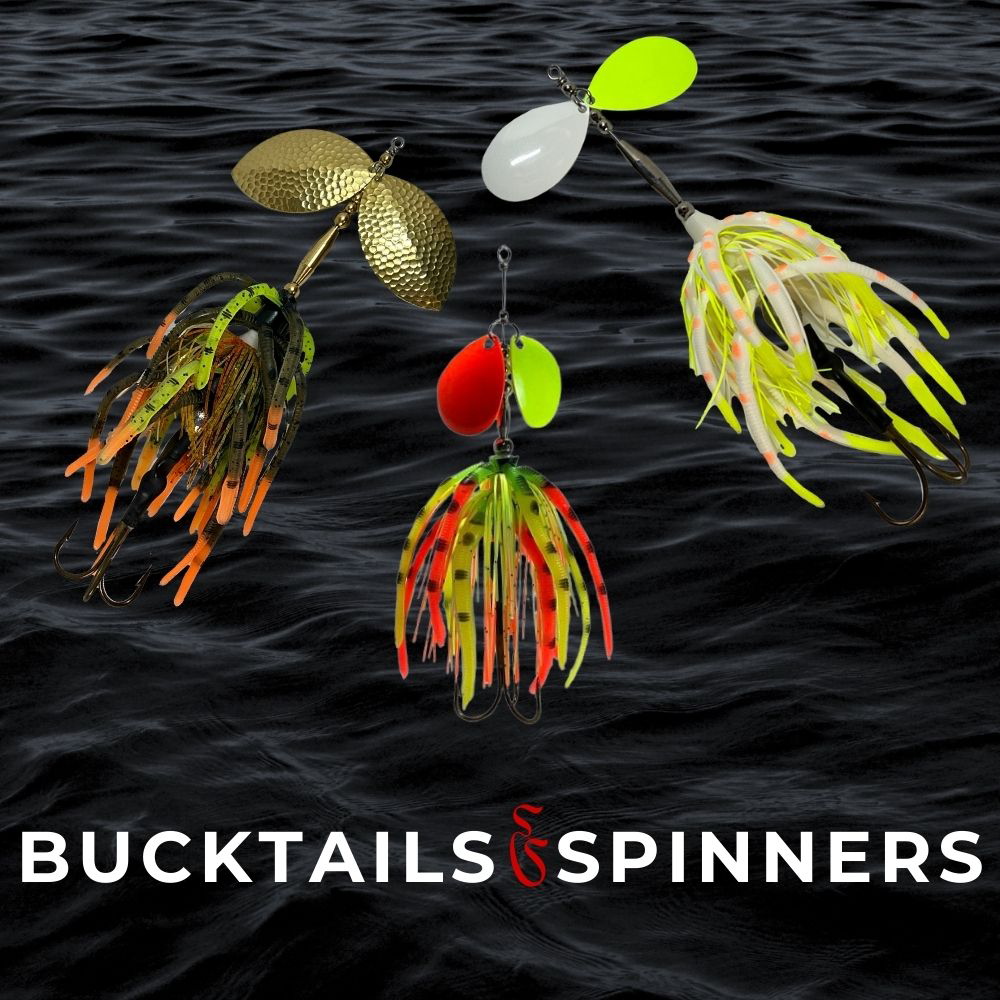 Bucktail and spinner fishing lures with colorful skirts and blades on dark water background