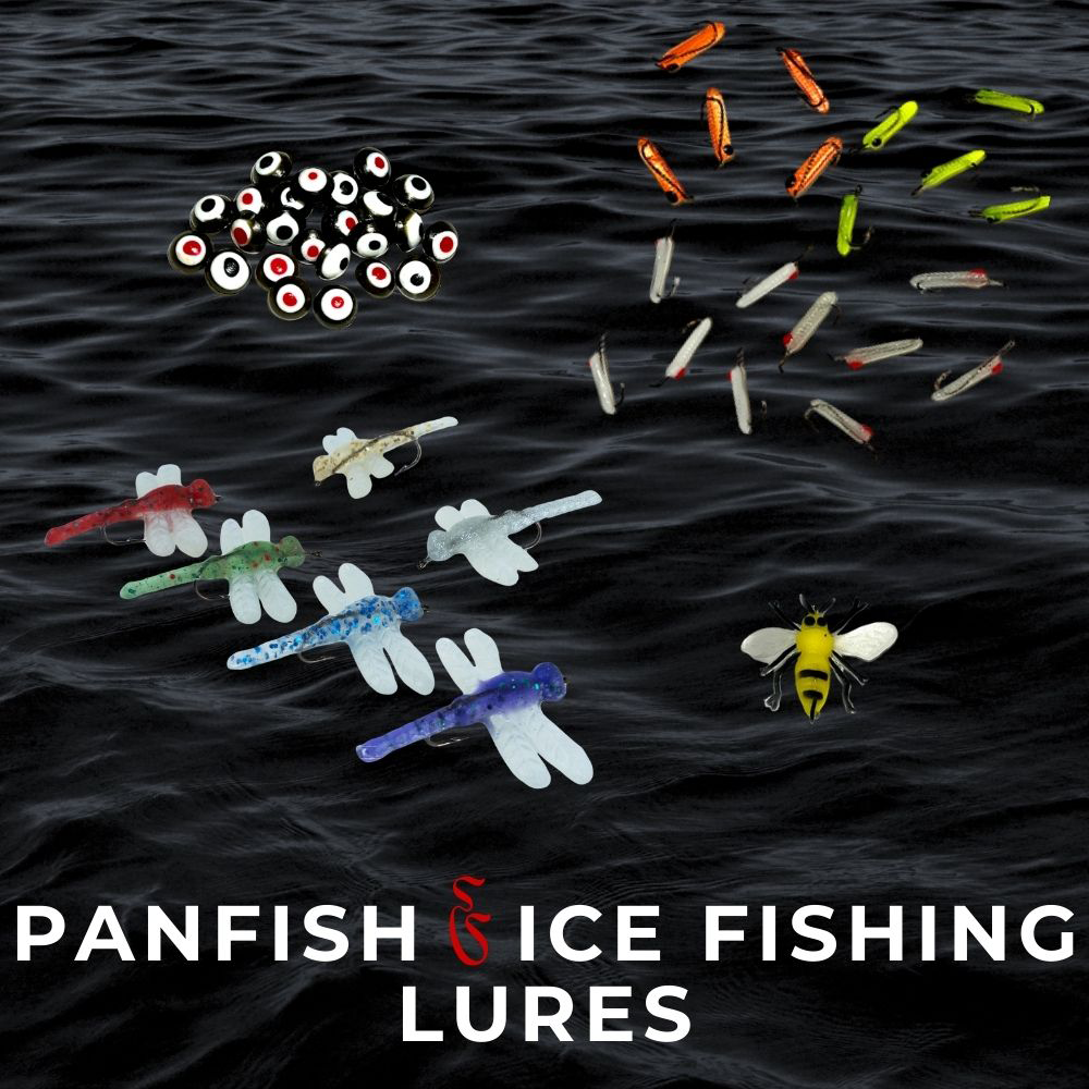 Panfish and ice fishing lures including dragonflies, insect imitations, and jigs on dark water background