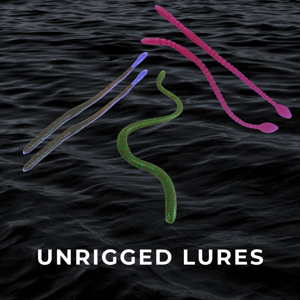 Unrigged soft plastic fishing worms in multiple colors on dark water background