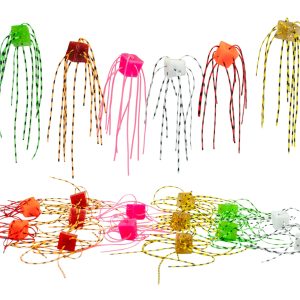 Multi-color KILR Fuzzy Dice Bait assortment with cube bodies and long filament threads.