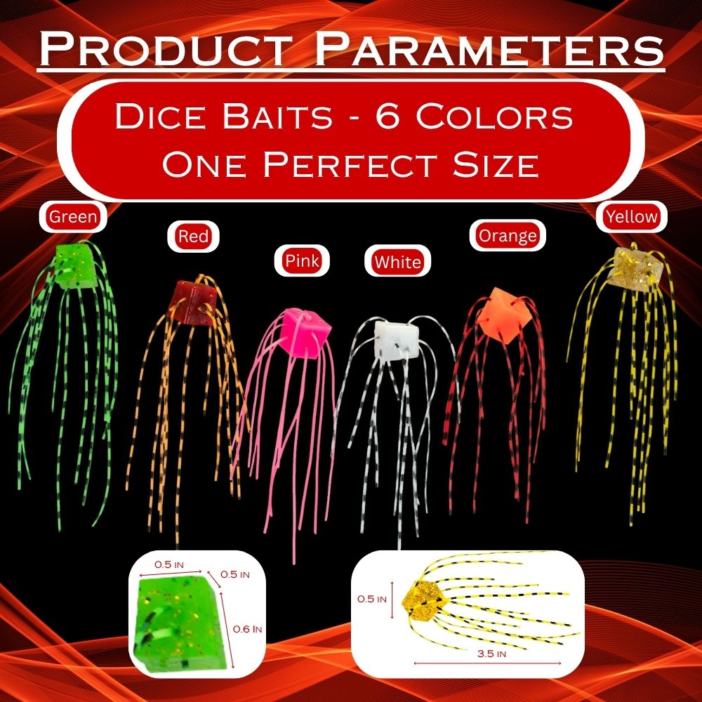 KILR Fuzzy Dice Bait color chart showing six colors and size dimensions.