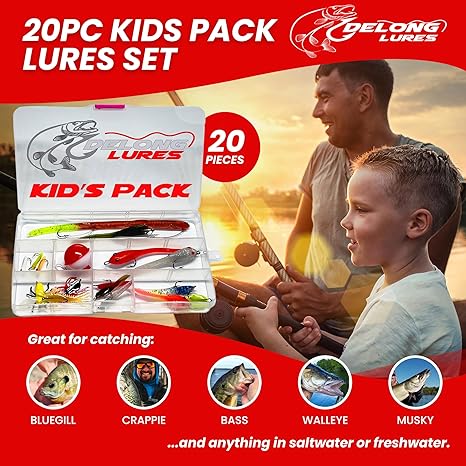 Parent and child fishing with the DeLong Lures Kids Pack, beginner-friendly fishing gear.