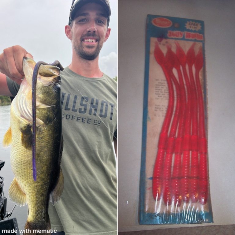 Stephen Ziegler holding a bass caught on a 16 inch DeLong Snake next to classic Mann’s fishing worms