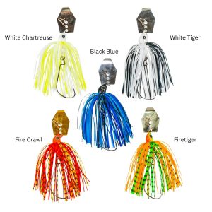 Bladed Swim Jig Fishing Lure Color Options - White Chartreuse, White Tiger, Black Blue, Fire Crawl, and Firetiger