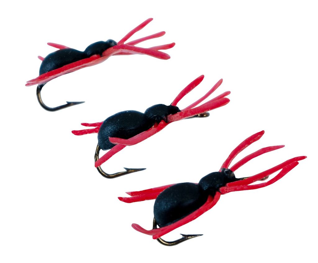 Black spider fishing lures with red legs designed for panfish and beginner fishing