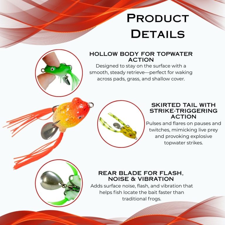 Bladed skirted topwater frog lure with double hooks, rear blade, skirted legs, and size details